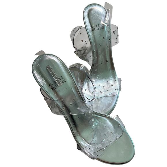 Stuart Weitzman Clear Silver Crystal Embellishments T-Strap Sandal Heels size 7 - Picture 8 of 11